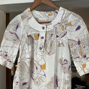 FRENCH CONNECTION FCUK COTTON BUTTON-DOWN SMOCK BLOUSE WITH BUTTERFLIES